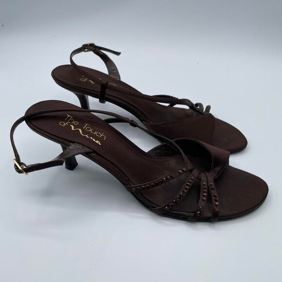 Chocolate Brown Y2K 8.5 Strappy Kitten Heels Shoes Formal Embellished Vintage - Picture 1 of 6